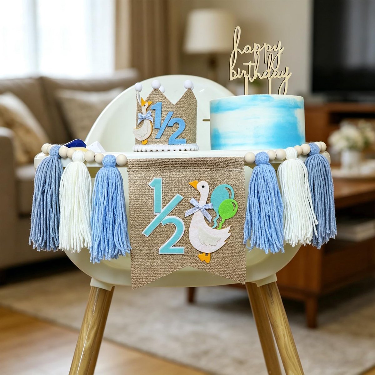 SnelShoppen - 6 Maanden Verjaardagsdecoratie Set, Highchair Banner en Feesthoed, Halfweg naar Eén Thema (Blauw Witte Gans) voor Baby's, Feest, Mijlpaa