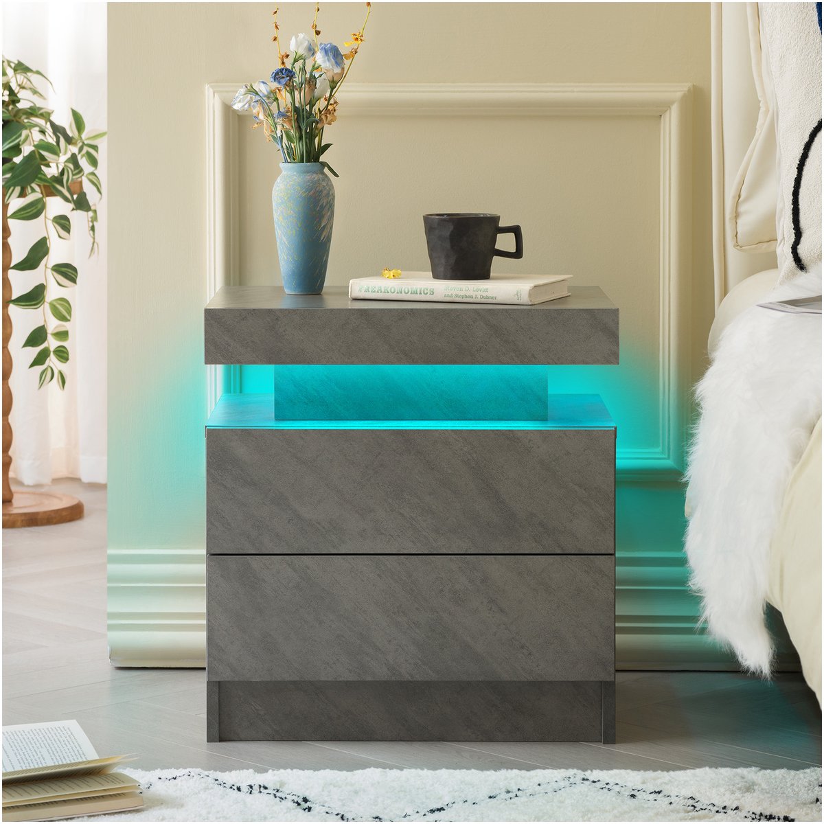 COVREO Nachtkastje 49 x 34,8 x 52,1 cm – donkergrijs, 2 laden, verstelbare LED-verlichting