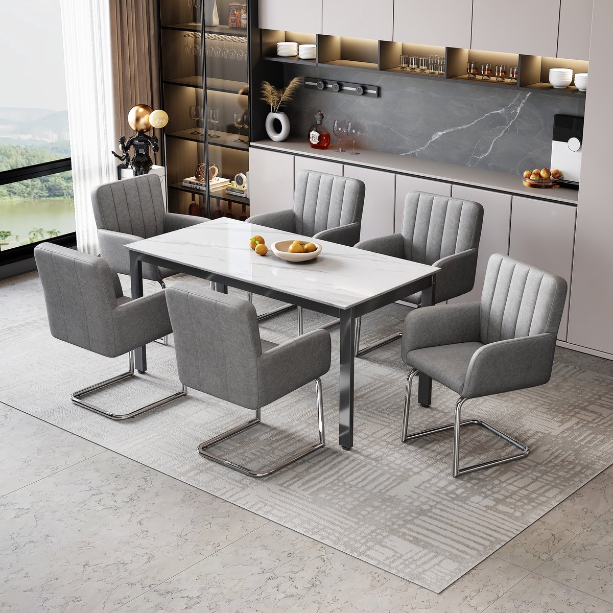Eettafelstoel - Set van 6 - Keukenstoel - Stoelenset - Eetkamerstoelen met verticale strepen - Gestoffeerde fauteuil met zigzag metalen poten - Loungestoel - Woonkamerstoel - Kunstleer - Grijs