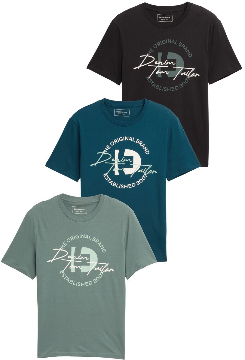 Tom Tailor Denim - T-shirt met print in een set van 3 - Maat XL - washed jasper green