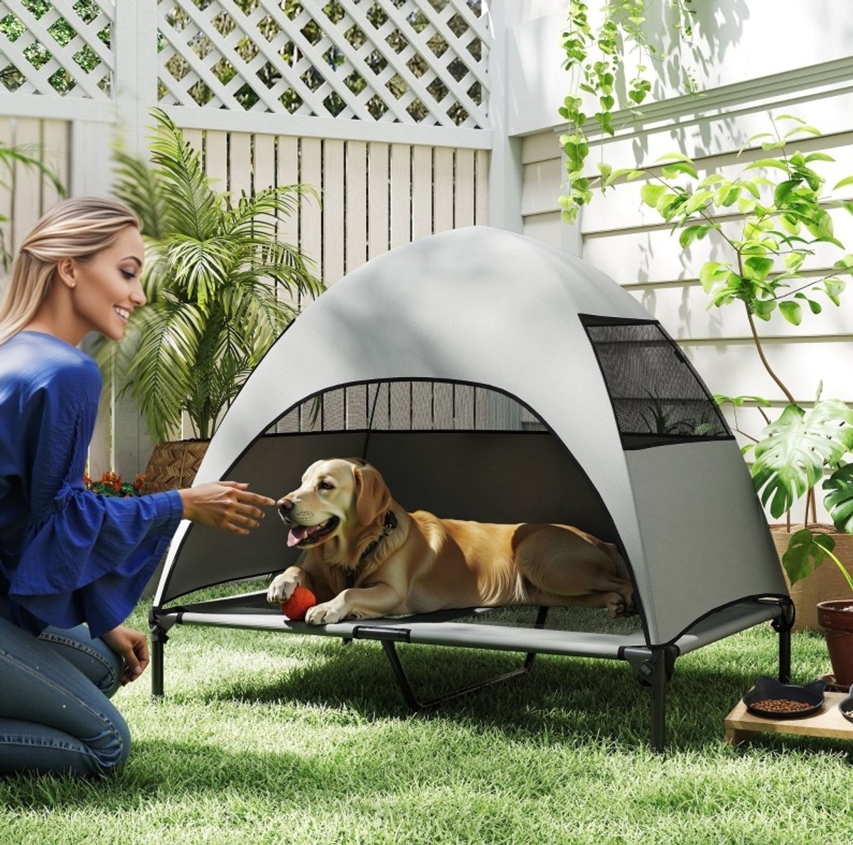 COVREO Hondeliege met dak 106x76x99 cm - lichtgrijs, verhoogd ligbed, voor honden tot 30 kg