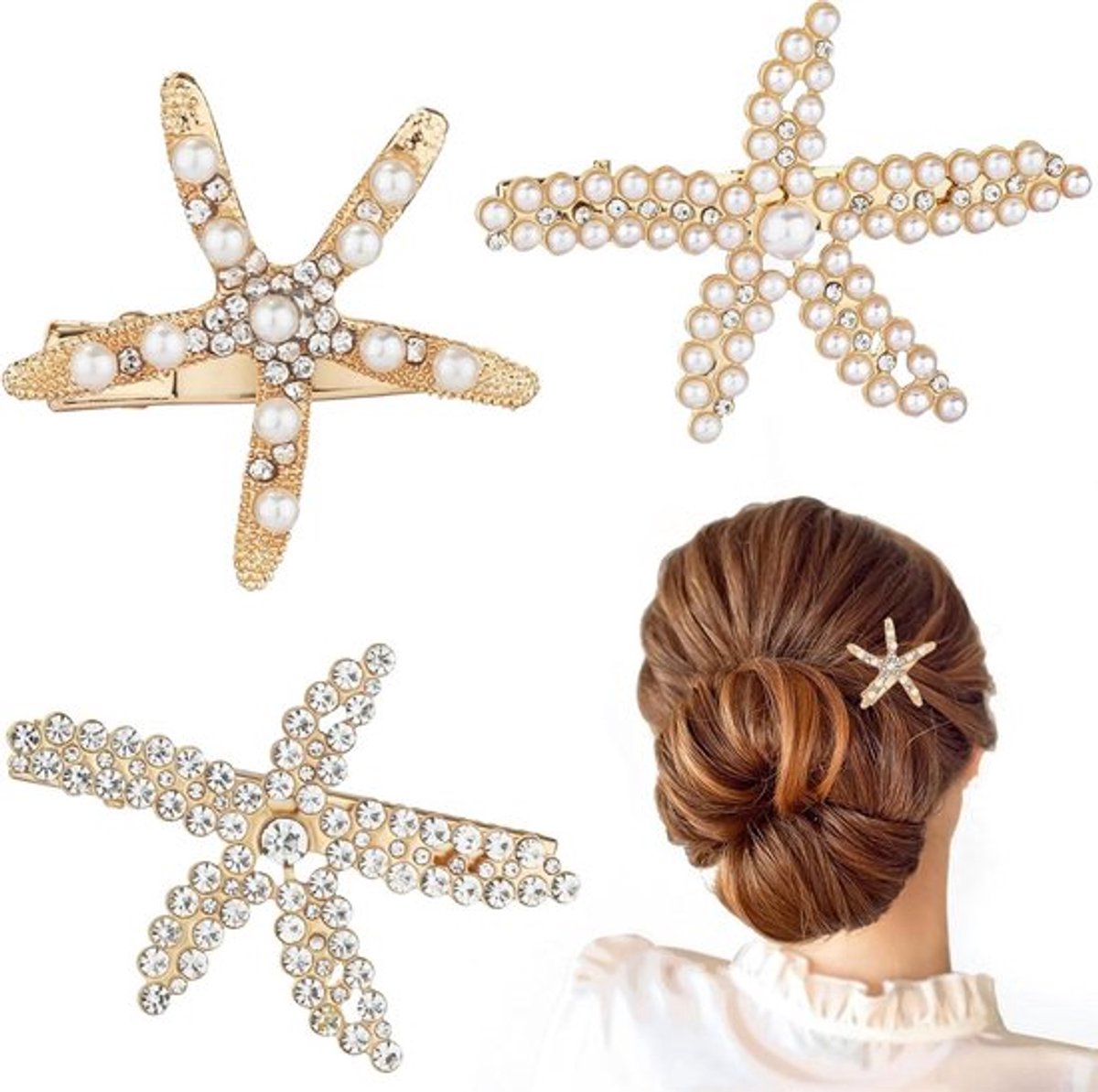 Zeesterren Haarspelden met Strass en Parel - Haaraccessoires voor Dames en Meisjes - Set van 3 Stijlvolle Clips