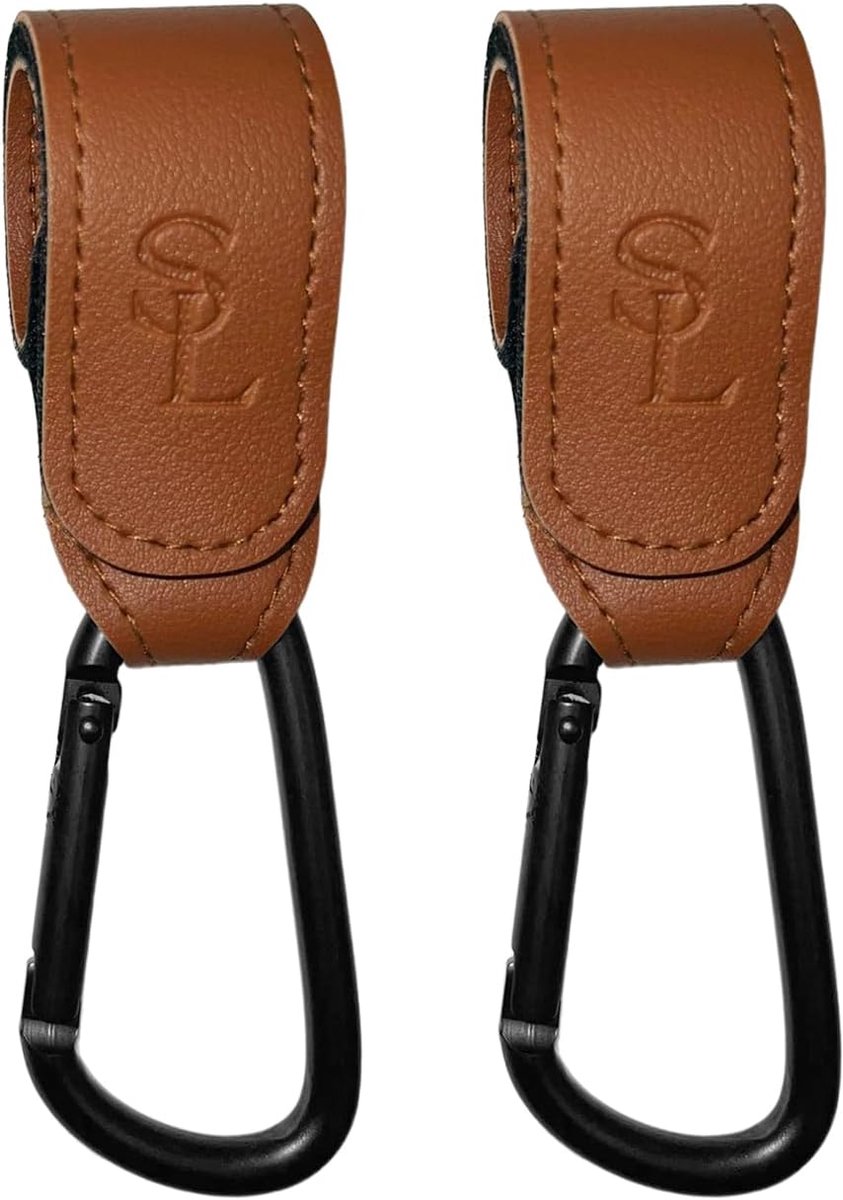 SnelShoppen - Baby Kinderwagen Haakjes Leer Bruin 2 Stuks - Ideaal voor Mama's - Perfect voor Wandelingen, Shopping, en Meer