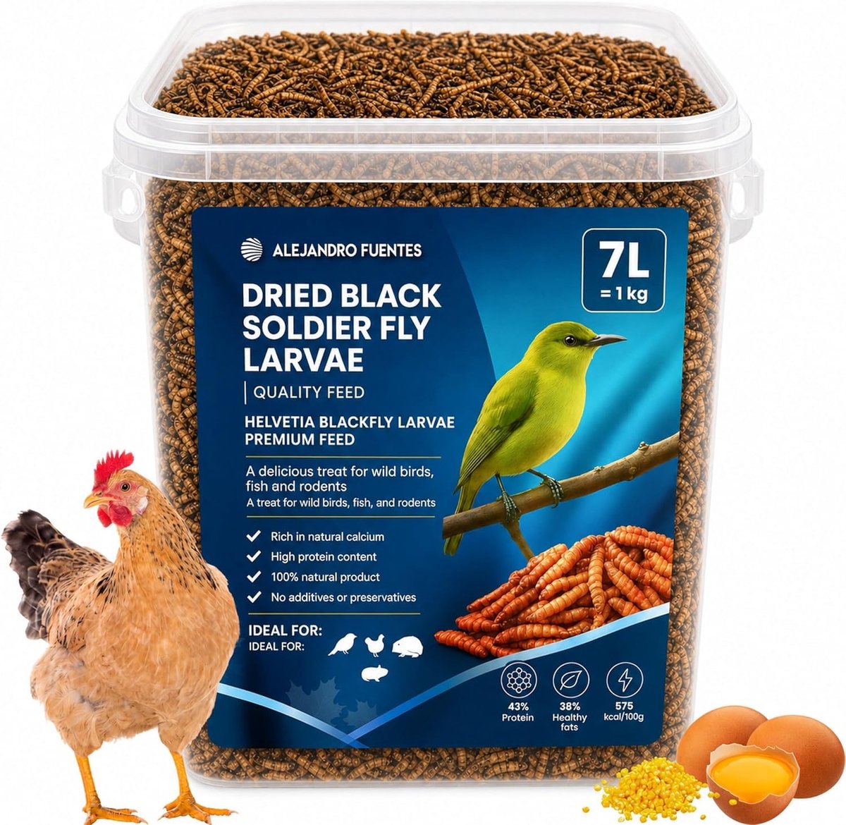 SnelShoppen - 1 kg gedroogde vliegenlarven voor kippen, 7 l Zwarte Soldaatvlieg, 100% natuurlijk, hoog eiwit, ideaal als diervoeder voor vogels en vee