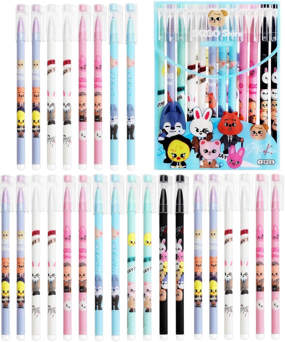SnelShoppen - Stray Kids 24 Pen Set - 6 Verschillende SKZOO Designs - Creatieve Kantoorbenodigdheden - Blauw en Zwart Inkt - Perfect voor School en Da