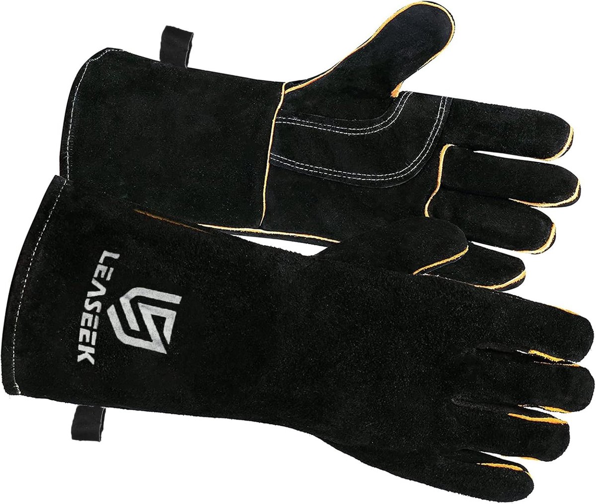 SnelShoppen - Hittebestendige & Vlamvertragende Leren Oven & Las Handschoenen - Perfect voor Grillen, BBQ, Keuken, Koken, Open Haard, Vuurkorf, Zwart,