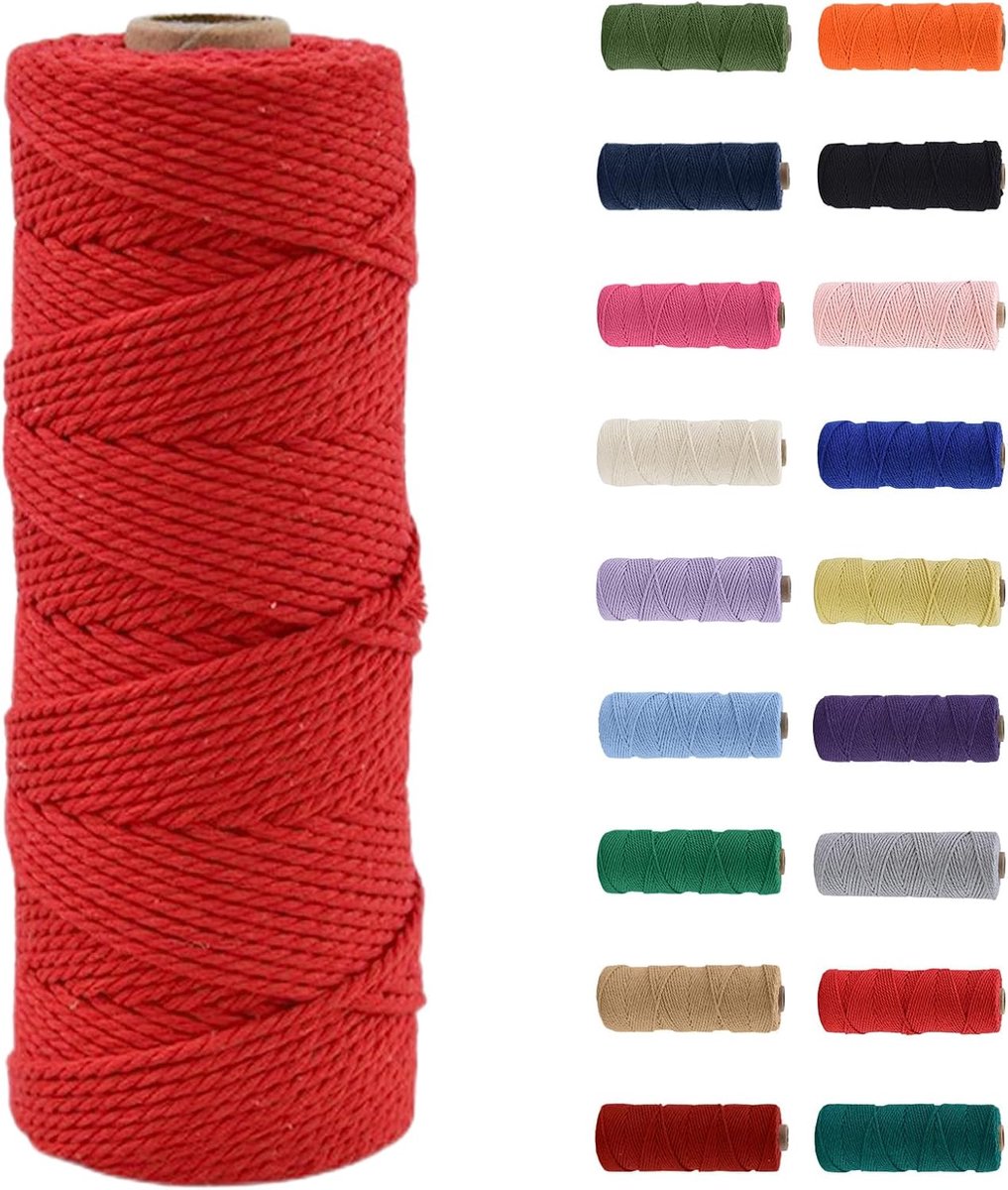 SnelShoppen - Macrame Touw 2 mm 100 m Rood - Natuurlijke Katoenen Touw voor Macramee, DIY Creaties, Cadeauverpakking - 16 Levendige Kleuren, Zacht en