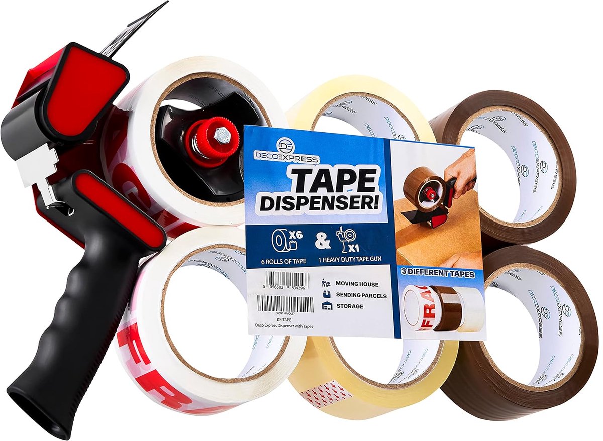 SnelShoppen - Tape Dispenser Gun met 6 Rollen Sterke Bruine Verpakkingtape - Schokbestendige Heldere Verpakkingstape voor Verhuizen en Opslag - 1 Pack
