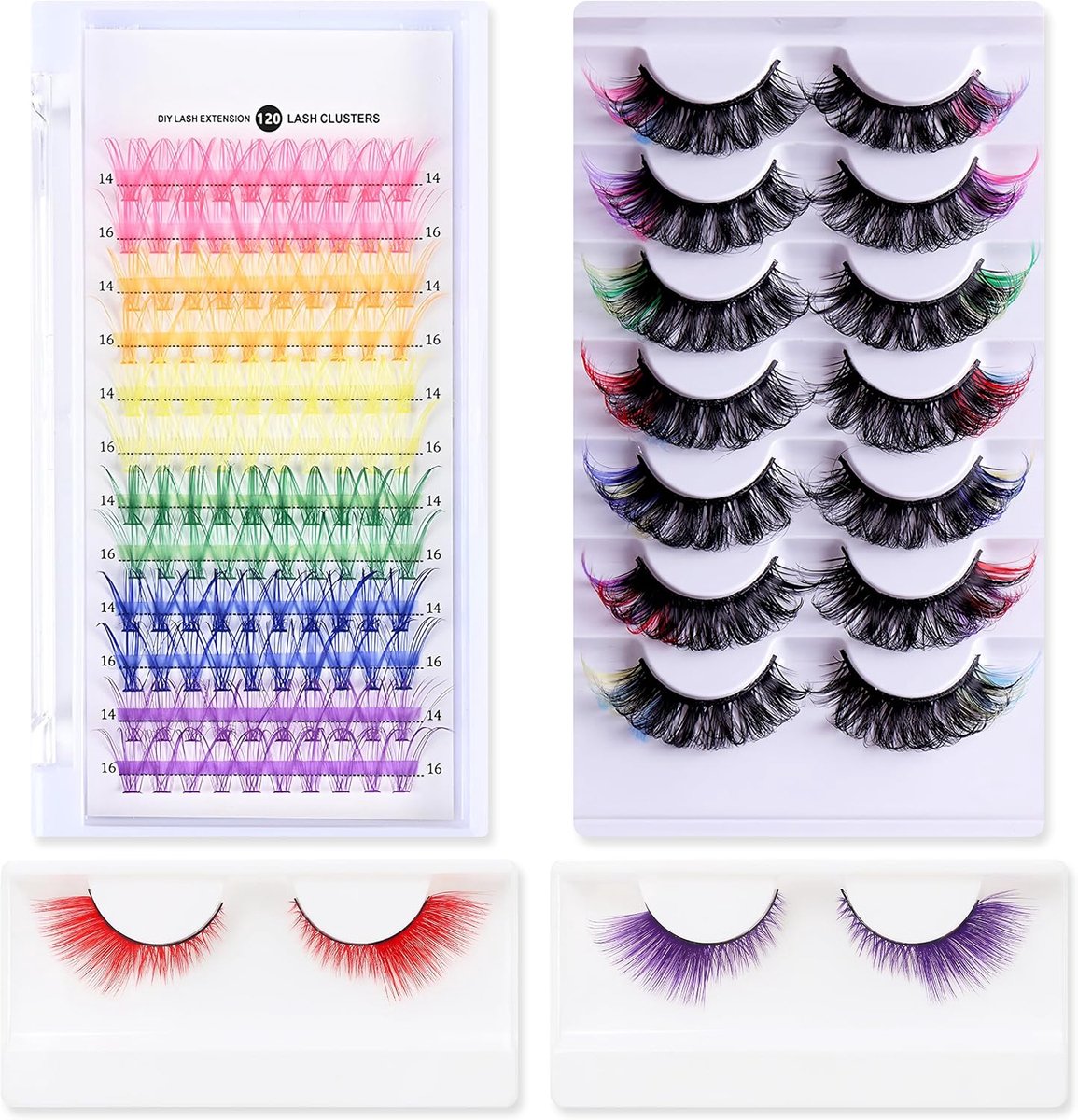 SnelShoppen - 9 Paar Gekleurde Valse Wimpers + 120 Stuks Cluster Wimpers, Kleurrijke Kunstvezel Wimpers voor Carnaval, Cosplay, Halloween en Themafees