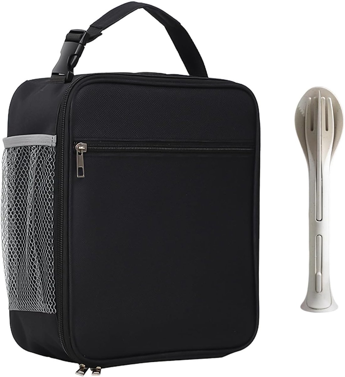 SnelShoppen - 3-in-1 Lunch Box met Insulated Lunch Bag, Portable Lunch Bag, Dames Lunch Tas, Waterdicht Oxford, Inclusief Bestek Set, Zwart, 21.5x10.5