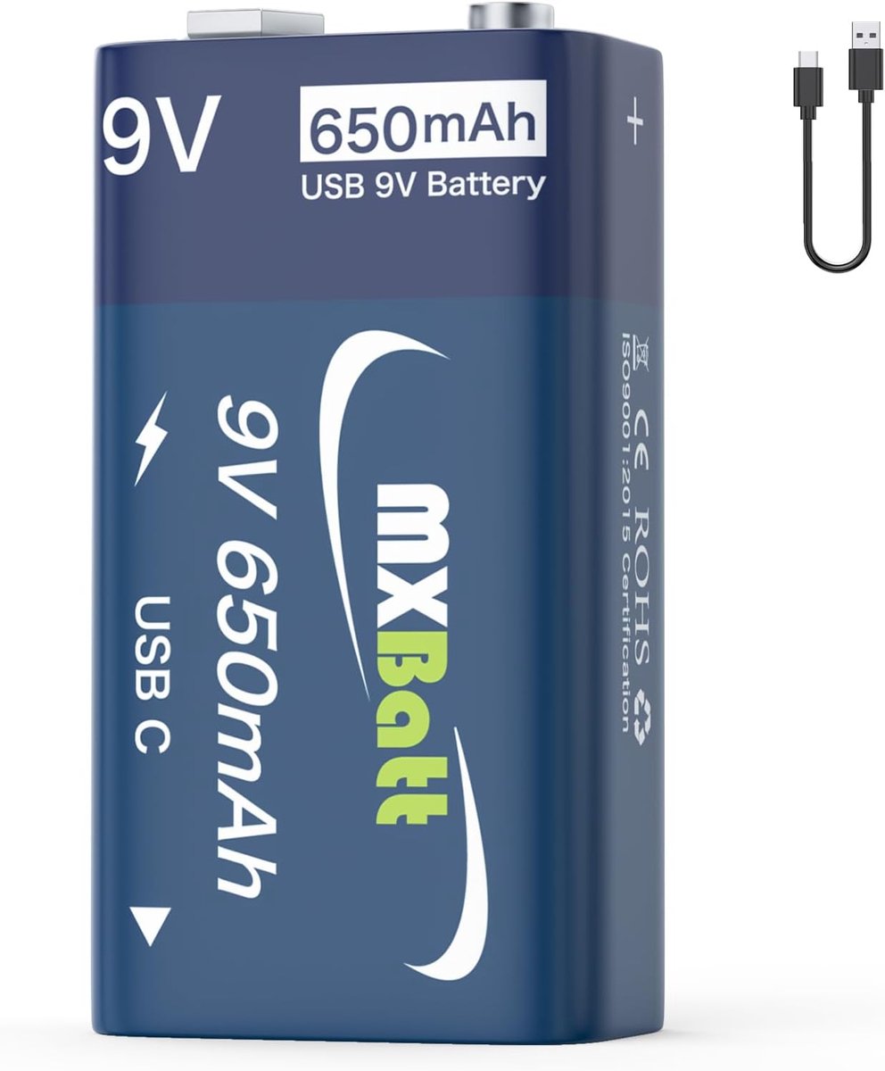 SnelShoppen - 9V Oplaadbare Blokbatterij 650mAh USB C - Ideaal voor Rookmelders, Multimeters, Draadloze Microfoons, Metaaldetectors, Alarminstallaties