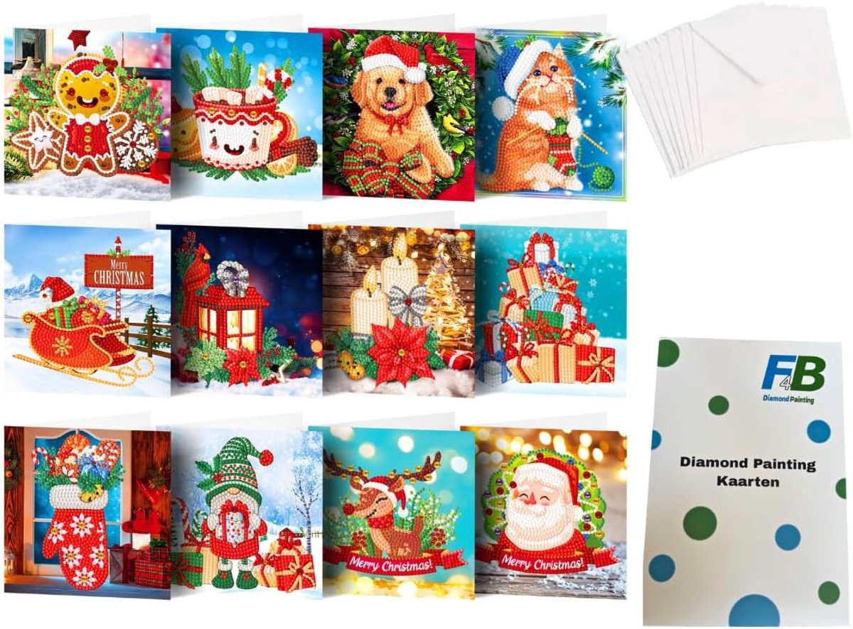 SnelShoppen - 12-Piece Kerstkaarten Set met Diamant Schilderen | 15x15cm | Ronde Rhinestones | Inclusief Enveloppen | Kerst | Santa | Kinderen en Volw