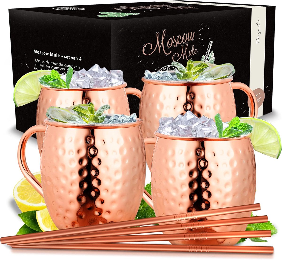 SnelShoppen - Vezato Moscow Mule Mugs Set van 2 - Handgemaakte Hammered Copper Cups 500ML - Duurzame RVS Moscow Mule Bekers voor Cocktails, Feest en T