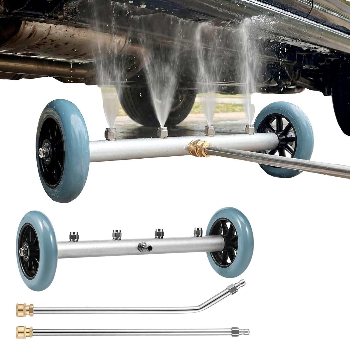 SnelShoppen - Hogedrukreiniger Ondervloerreiniger 38cm | Auto Chassis Wastafels met 4 Sproeiers & Wielen | Incl. Gebogen en Rechte Verlenglans | Voor