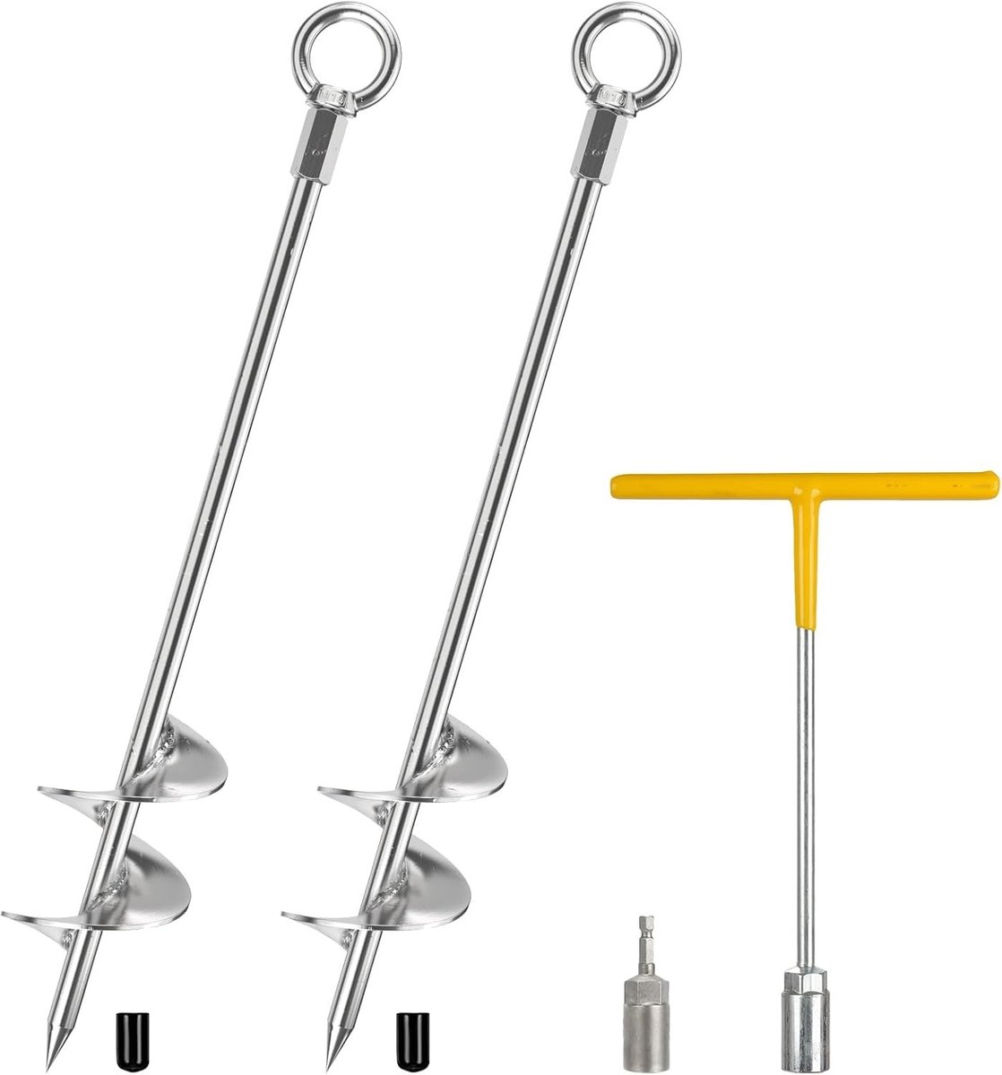 Set van 2 stevige grondankers van volledig gelast staal, schroefbaar met 7,3 cm spiraalmes, ideaal voor trampoline, tent en schuurbevestiging