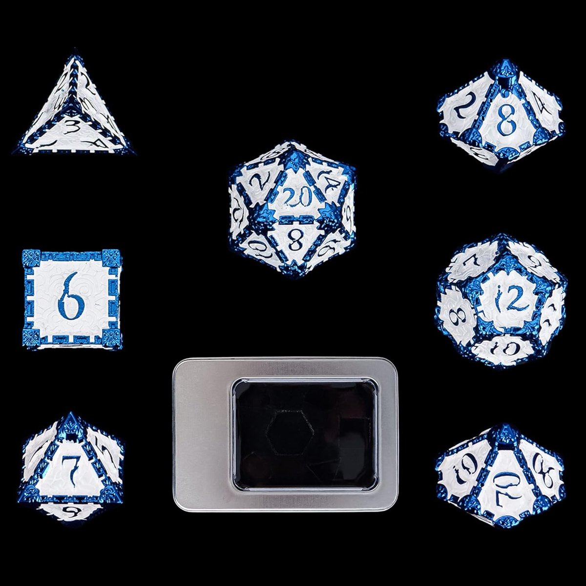 SnelShoppen - Dagger Design DND Metaal Dobbelstenen Set met Metalen Doos, 7 Stuks Polyhedrale Dobbelstenen voor Rollenspellen, Zwaar en Gebalanceerd,