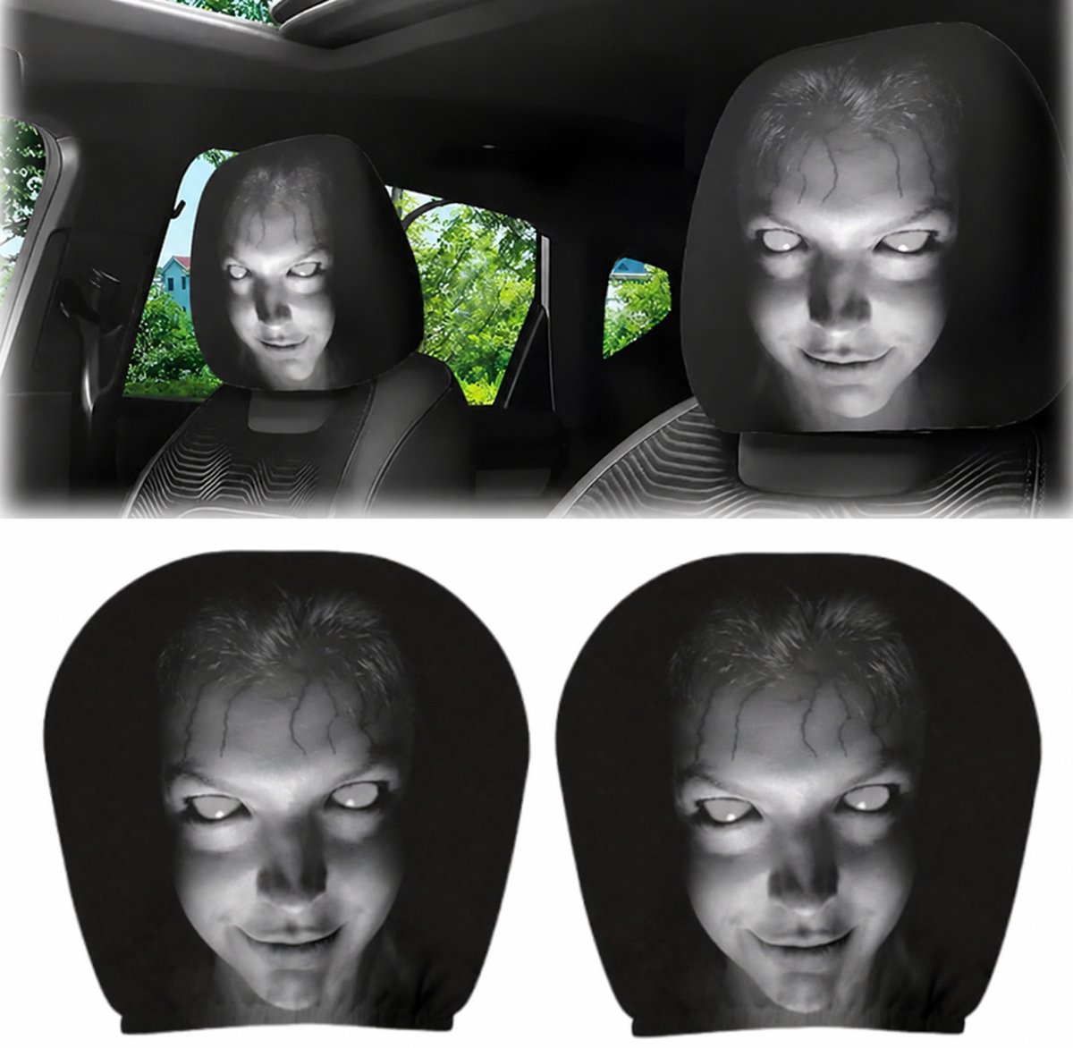 Daity Halloween Auto Hoofdsteun Hoezen Set van 2, Eng angstaanjagend gezicht print, universeel passend, elastisch stof, grappig auto interieur decoratie voor feest en grappen