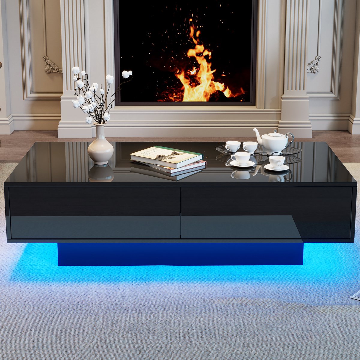 COVREO Salontafel 115 x 55 x 34 cm zwart hoogglans met 2 lades en LED-verlichting