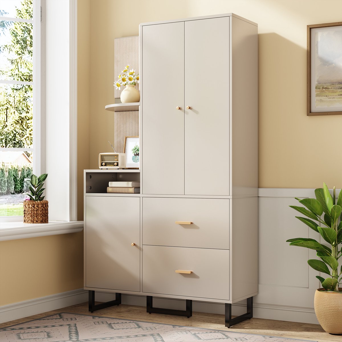 COVREO Halmeubel 110x38x186 cm – beige grijs, 2 lades, open vakken en uittrekbare kledingroede