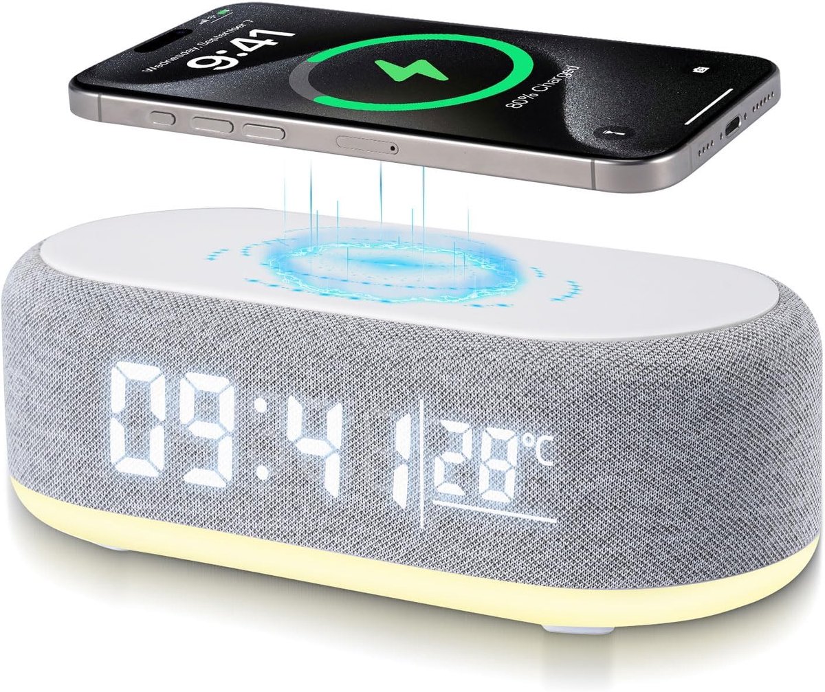 Digitale Wekker geschikt voor Slaapkamer, Volwassenen en Kinderen – Wekkerradio met 15W Draadloos Opladen en Bluetooth Speaker – Grijs