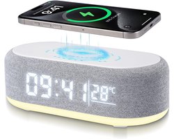 Digitale Wekker geschikt voor Slaapkamer, Volwassenen en Kinderen – Wekkerradio met 15W Draadloos Opladen en Bluetooth Speaker – Grijs
