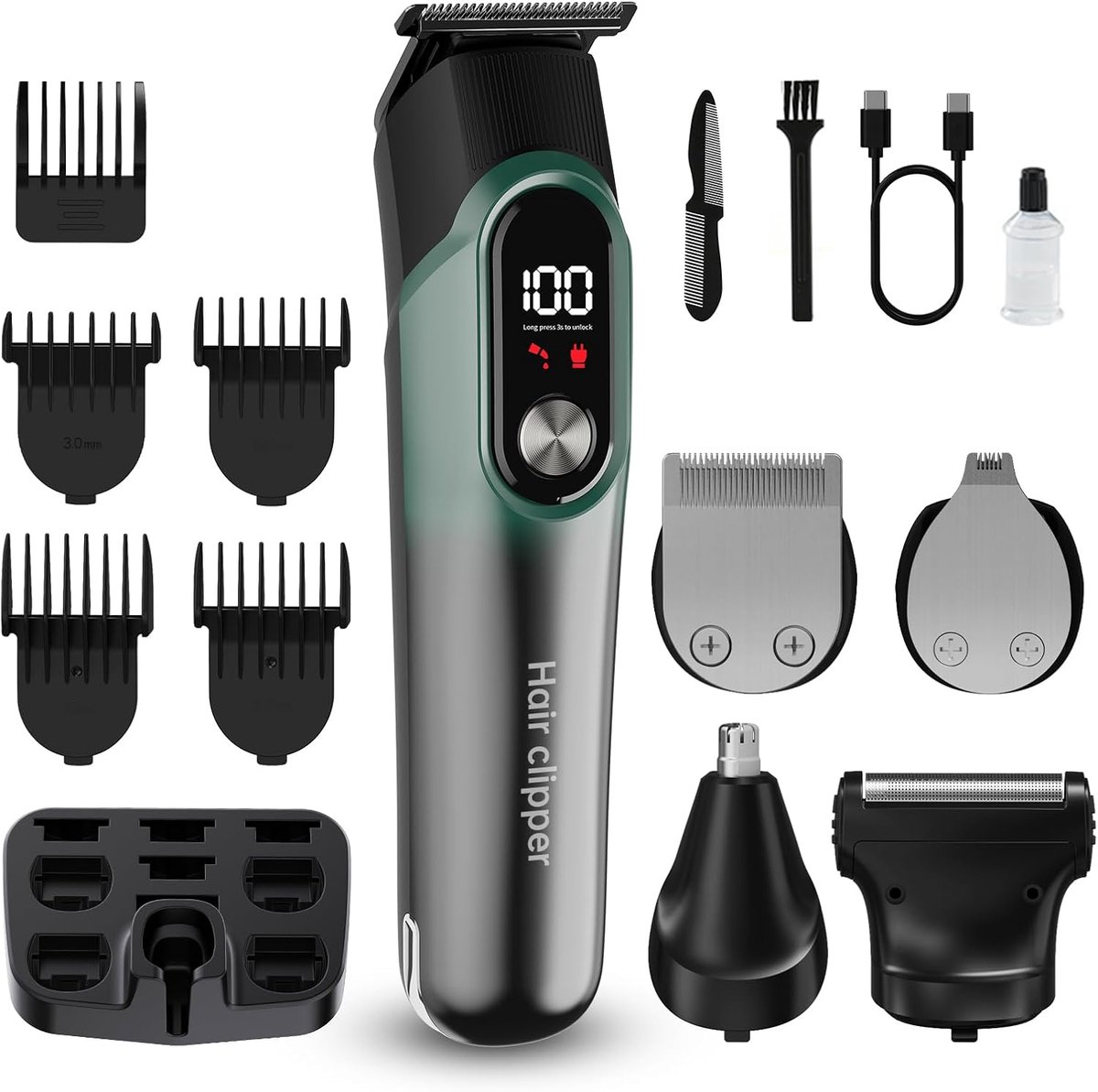 Baardtrimmer voor mannen, 5-in-1 draadloze tondeuseset met scheerapparaat (foliesysteem), waterdichte behuizing, neus- en oortrimmer, precisietrimmen voor baard, haar en lichaamsverzorging (groen)