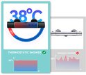 Illustratie van thermostaat douche vs gewone douche met temperatuurgrafieken en 38°C indicatie.