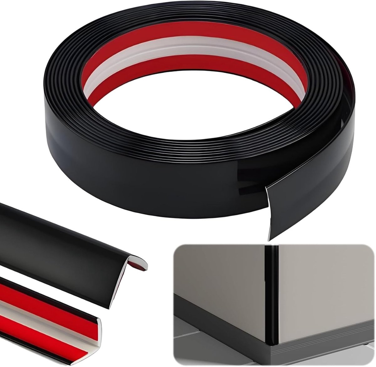 Zelfklevende Hoekstrip 2 cm x 2 cm x 4 m - Zwarte PVC Flexibele Plinten voor Deuren en Ramen, Bescherming van Hoeken en Randen, Eenvoudige Installatie en Onderhoud