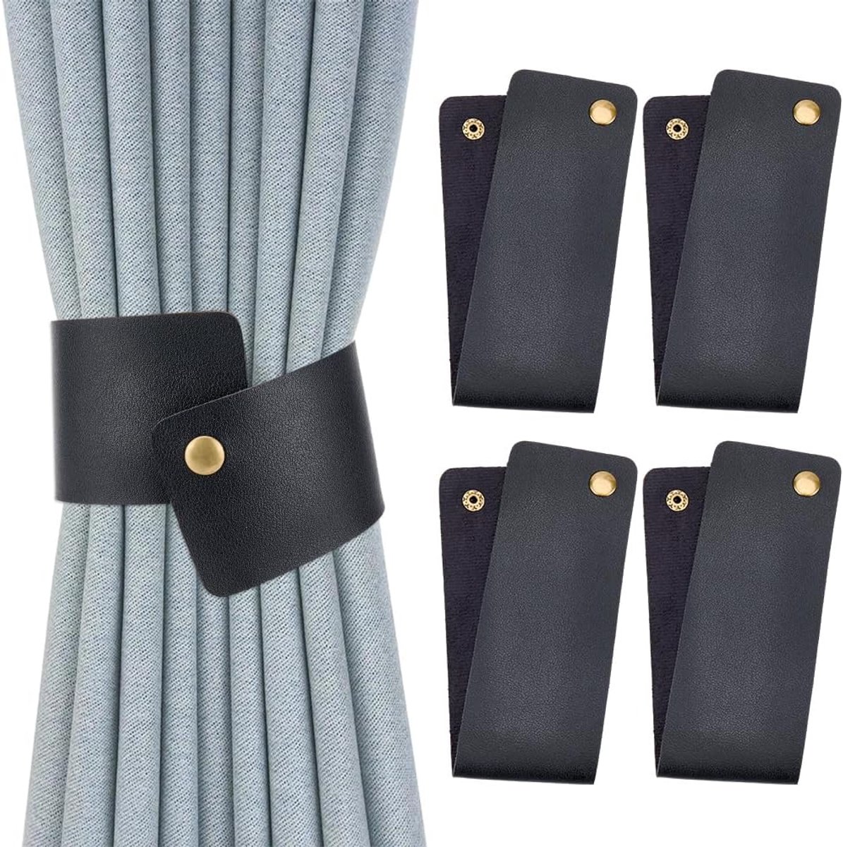 SnelShoppen - 4 Stuks Zwarte PU Lederen Vintage Gordijnhouders - Elegante Embrasses voor Raamdecoratie - Retro Gordijn Buckle met Drukknop voor Woonka