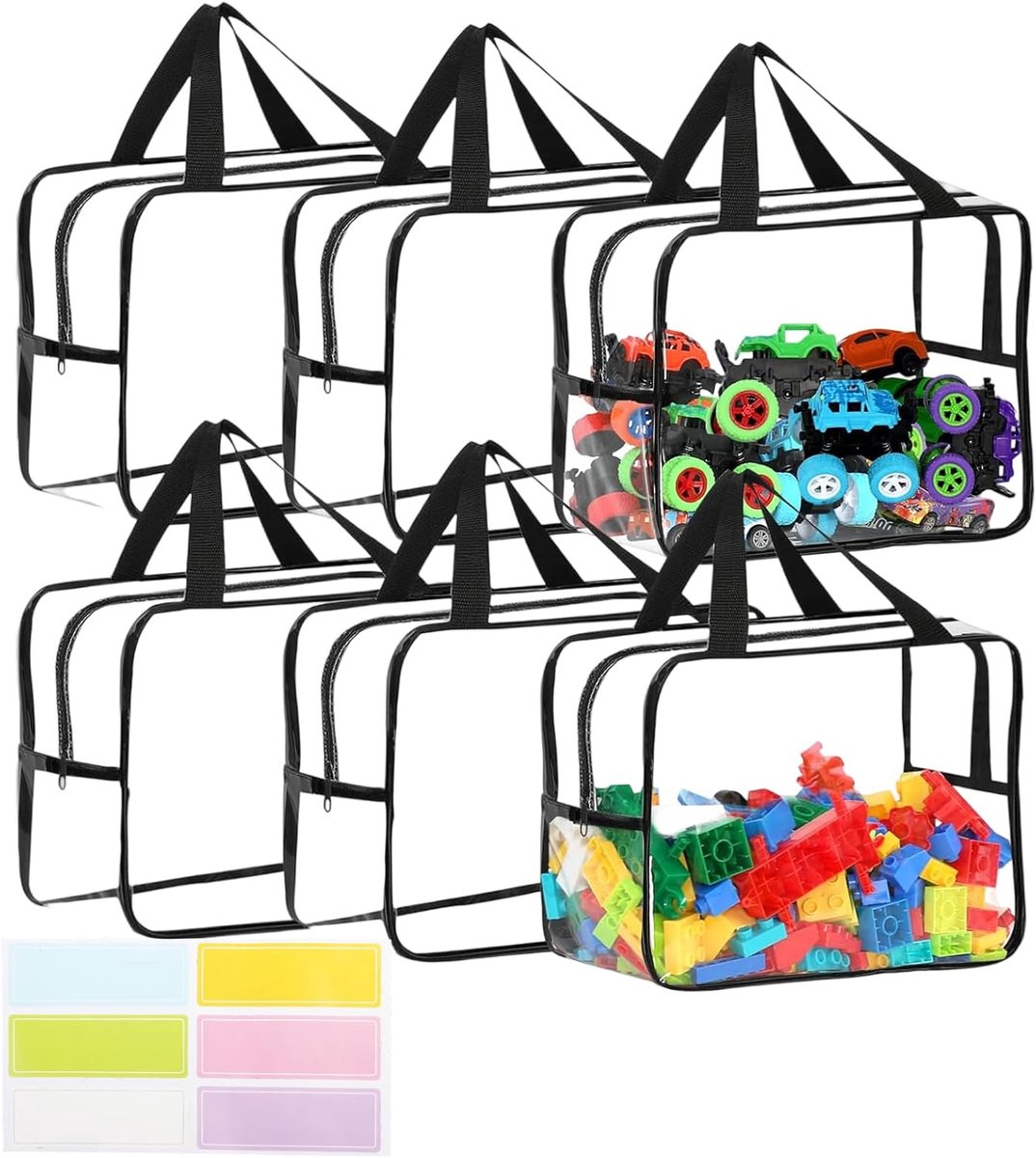 SnelShoppen - 6-delige Transparante Speelgoed Opbergzakken met Handvatten 30x20x20cm Waterdichte PVC Opbergzakken met Rits Herbruikbare Speelgoedopber
