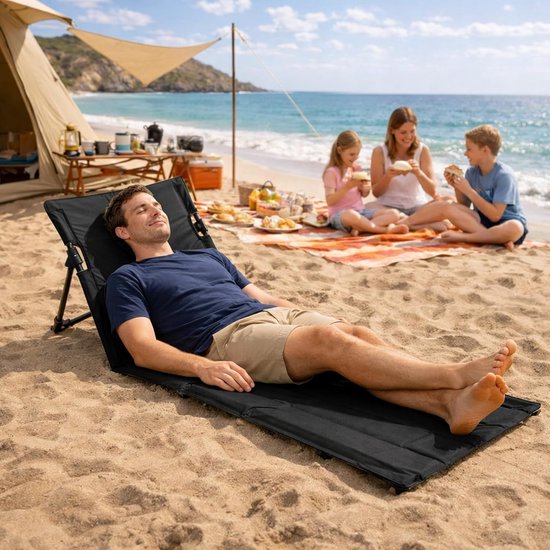 Vouwbare Strandmat met Rugleuning, Lichtgewicht Strandstoel met Uitgebreide Zitting voor Camping, Picknick en Tuingebruik, Zwart — afbeelding 5
