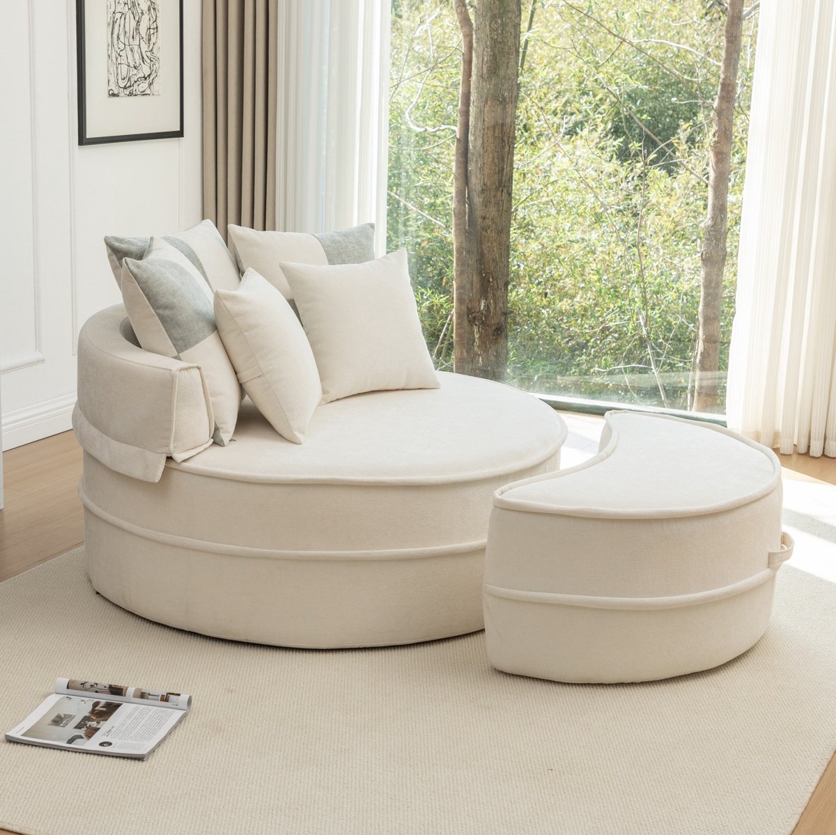 COVREO Fauteuil met hocker 121 x 107 x 66 cm – beige chenille, 5 kussens, montagevrij
