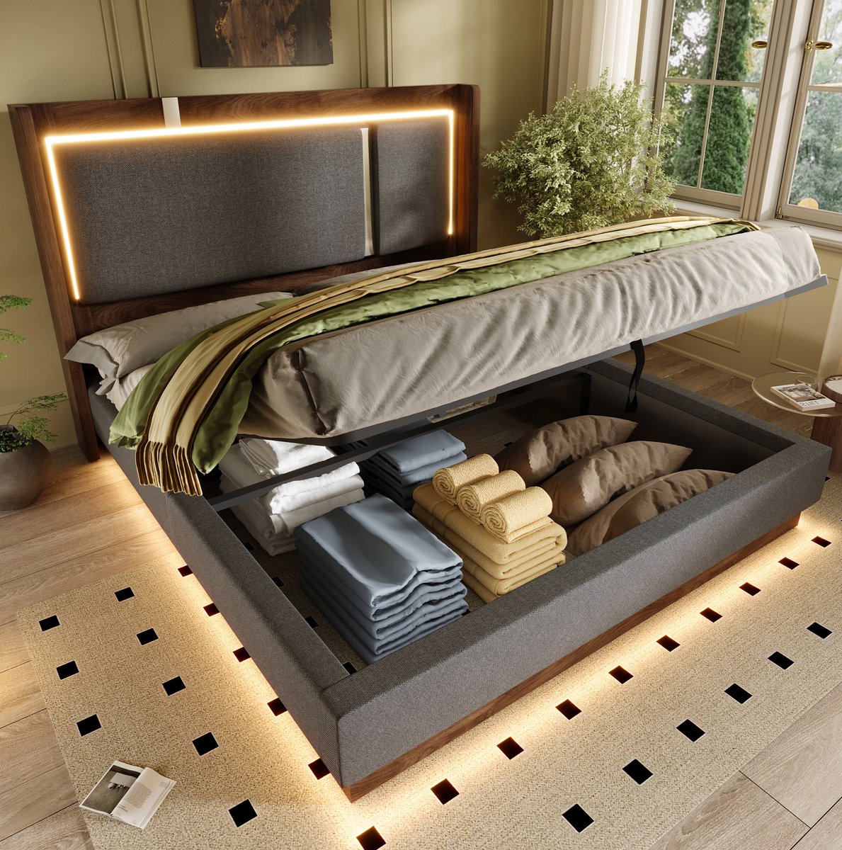 REDOM - Tweepersoonsbed - Gestoffeerd bed met lattenbodem en hydraulische opbergruimte - LED-verlichting - Retro stijl - Slaapkamer - Stof en hout - Grijs en Walnoot - 199 x 156 x 110 cm