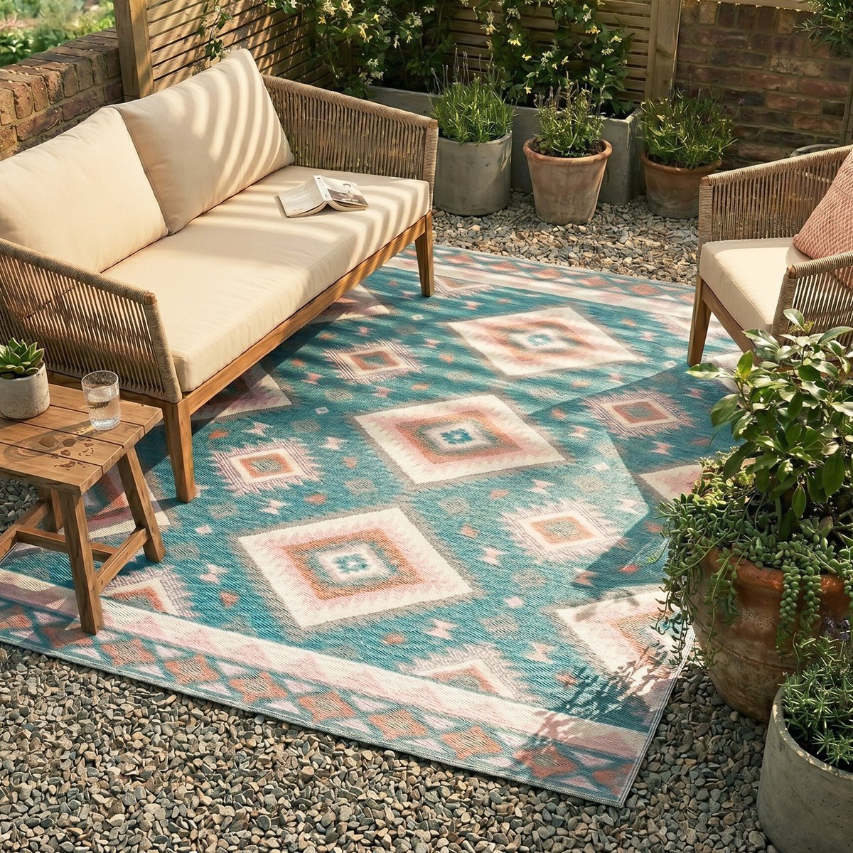 Fraai Bohemian buitenkleed - Vedra Aztec Blauw - 160x230cm