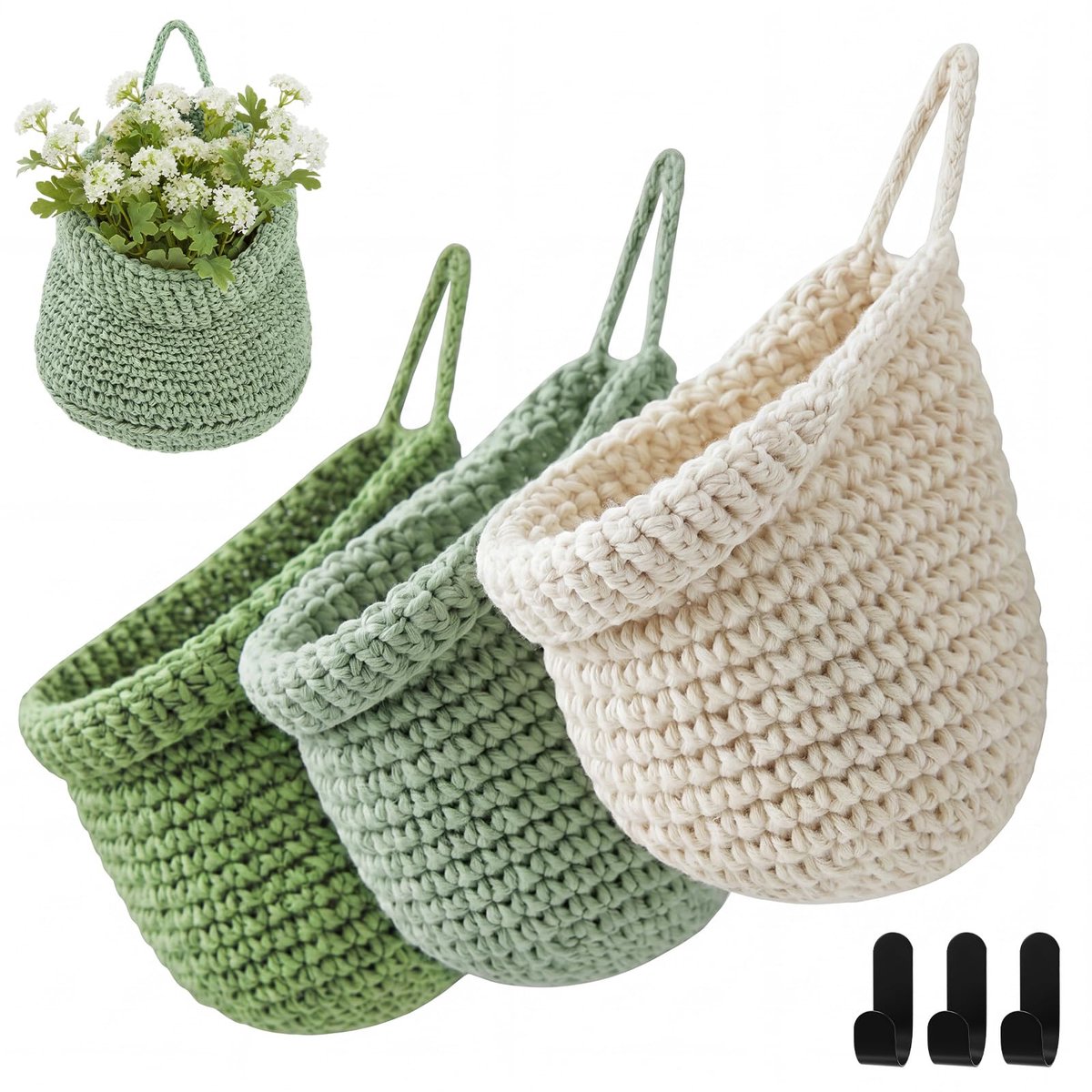Namajunas - Gebreide wand opbergmand voor de keuken - Bohemian opbergmand - Set van 3 - 3 verschillende maten - 3 haken gratis inbegrepen - Ideaal voor het opbergen van groenten, keukengerei en allerlei andere spullen - Maximaal ruimtegebruik