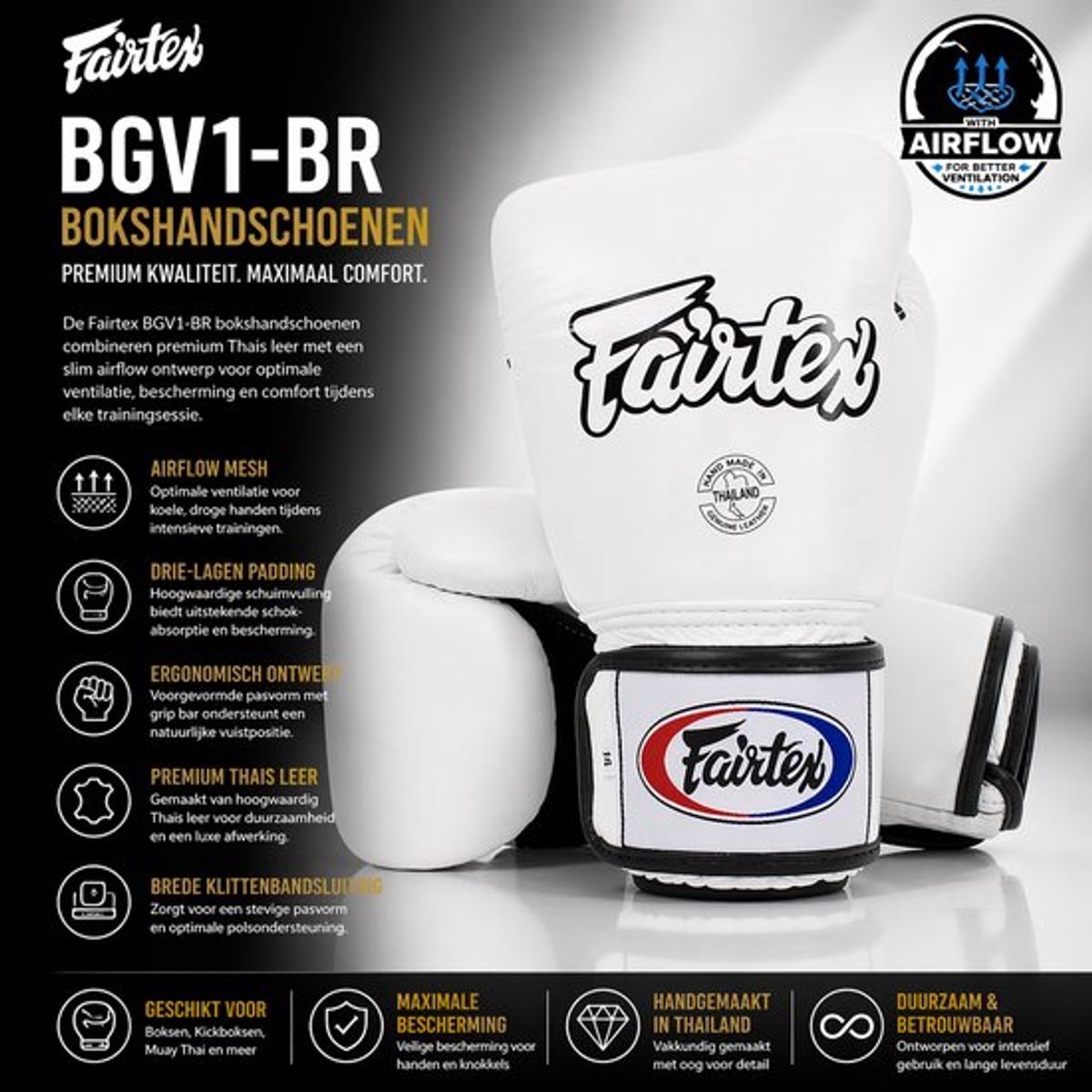 Fairtex BGV1-BR Bokshandschoenen 10 Oz – Premium Thais Leer – Air Mesh Ventilatie – Wit