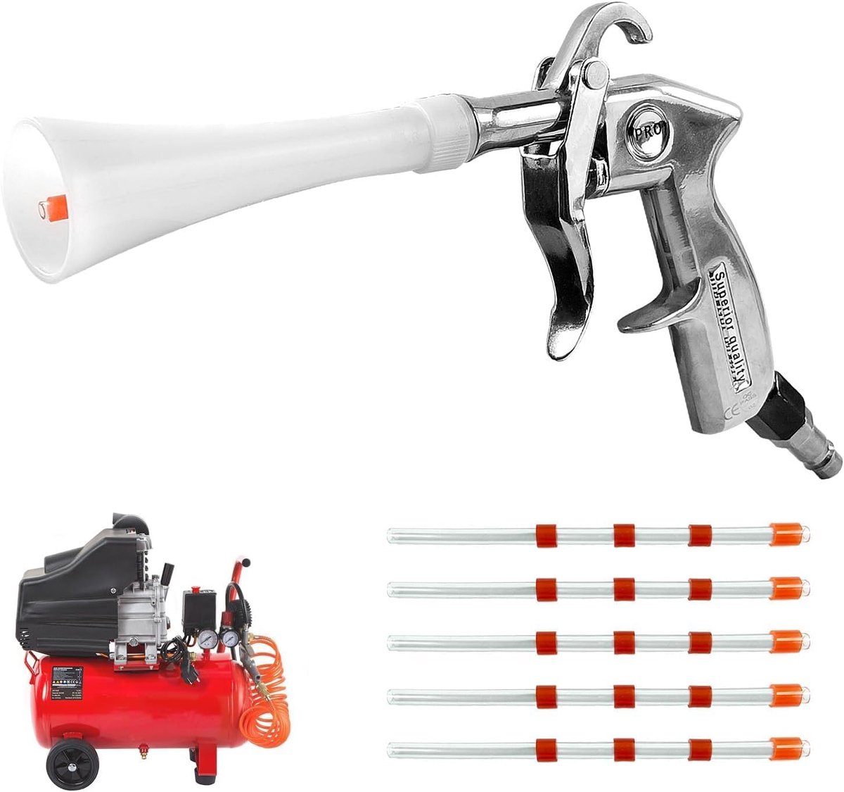 SnelShoppen - Compressed Air Cleaning Gun 6-9.2 Bar - Aluminium Alloy + PE Blazer met 5 Hoses - Hoge Druk Luchtschoonmaker voor Auto, Vloer en Tuin