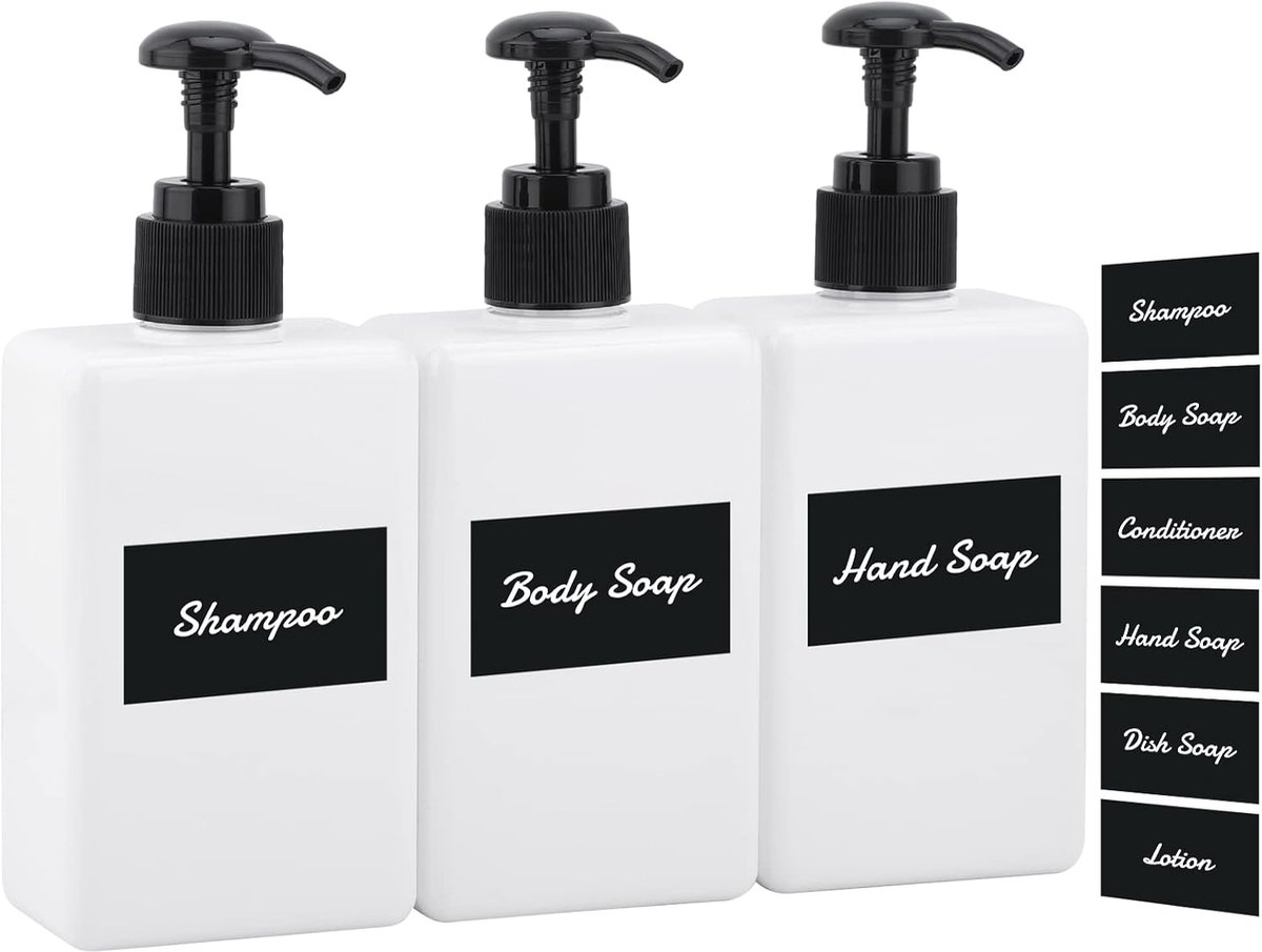SnelShoppen - 3x Segus Zeepdispenser Flessen 280ml, Lege Shampoo Flessen met Pomp, Herbruikbare Plastic Flessen met Waterdichte Labels voor Keuken, Ba