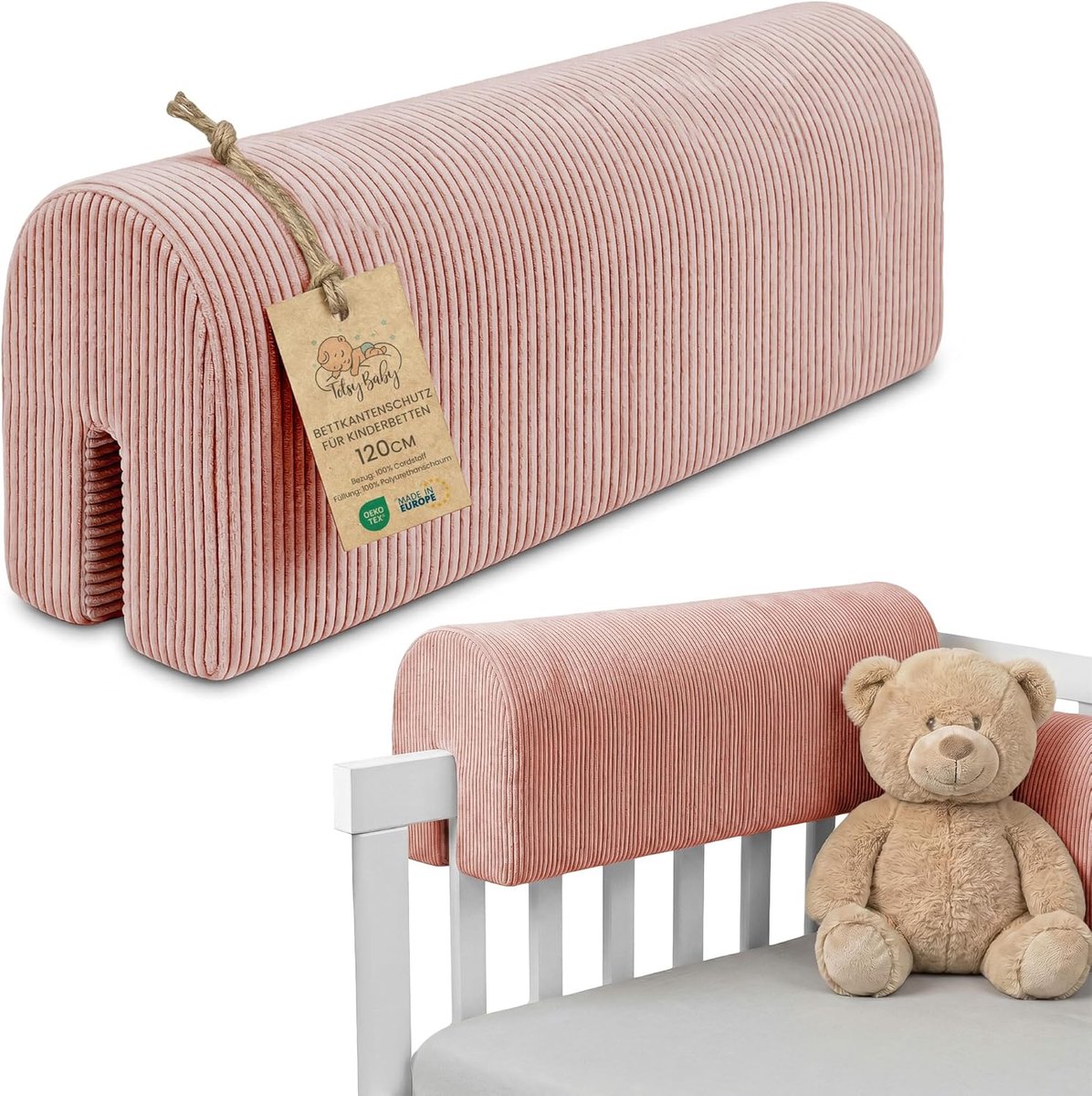 SnelShoppen - Bedrand Bescherming voor Kinderbed 120 cm - Valbeveiliging voor Babybed, Hoekbescherming Babybedje, Oeko-Tex Roze, Universeel