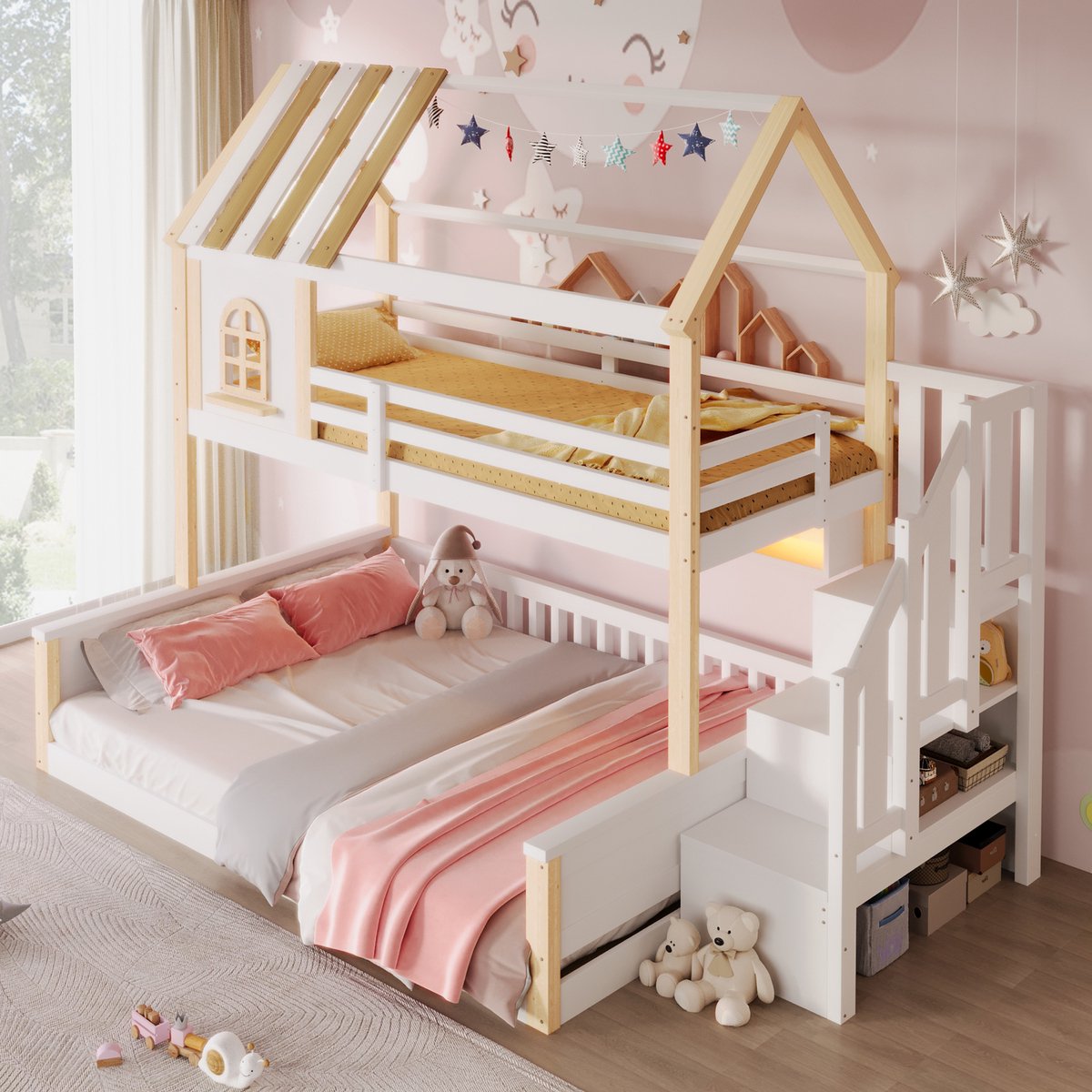 Stapelbed - 90x200 cm - 140x200 cm - met LED-verlichting - huisvormige raamdesign - met opbergruimte - zonder matras - houtkleur en wit