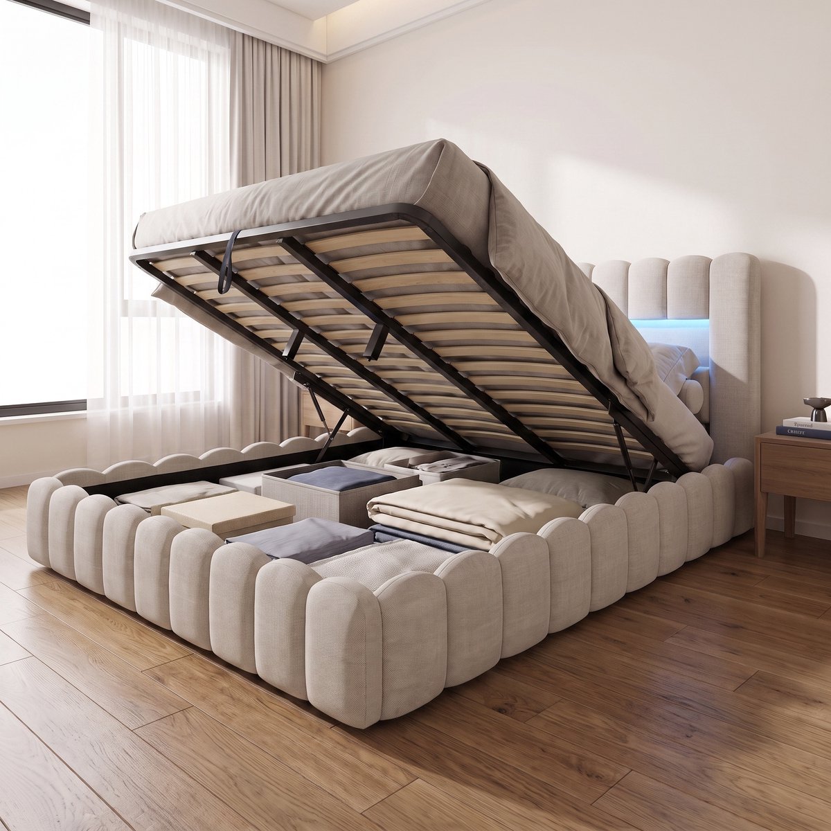Mofor Gestoffeerd Opbergbed 160x200 cm - Tweepersoonsbed met LED en USB - Hydraulische opbergruimte - Linnen - Modern - Beige