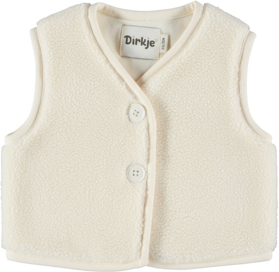 Crèmekleurig fleece gilet van Dirkje met ronde hals, twee witte knopen en een geborduurd logo op de voorkant.