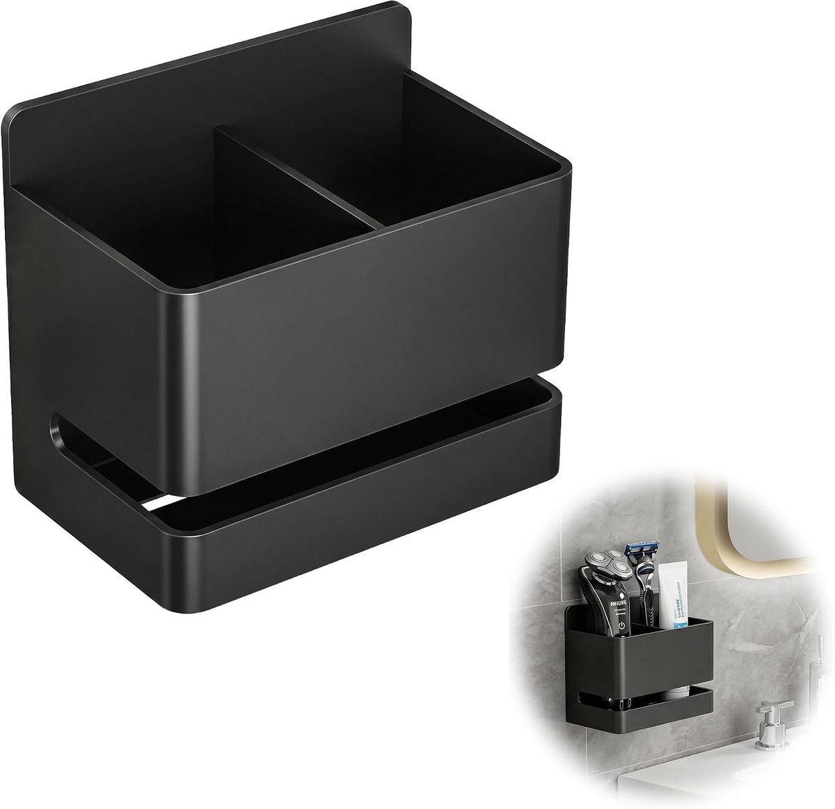 SnelShoppen - Tandenborstelhouder voor elektrische tandenborstel, aluminium wandhouder met afvoer, zwart, zonder boren, 2 sleuven, badkameraccessoires