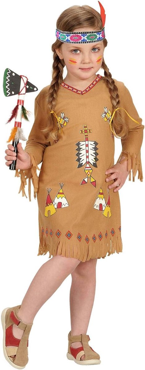 SnelShoppen - NATIVE INDIAN Kostuum voor Kinderen - Bruin Jurk met Fringes en Hoofdband met Feathers - Maat 98 cm - 1-2 Jaar - Perfect voor Themadagen