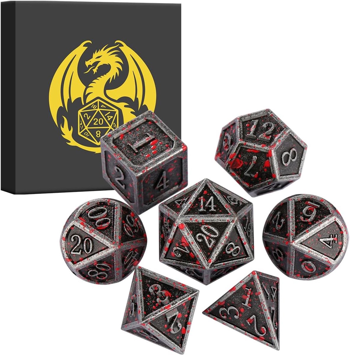SnelShoppen - Metal Dice Set 7 Stukken Polyhedraal DND Dobbelstenen, Bloedvlekken Zilver, Rollenspel Accessoires, D&D Cadeau met Geschenkdoos, Vintage