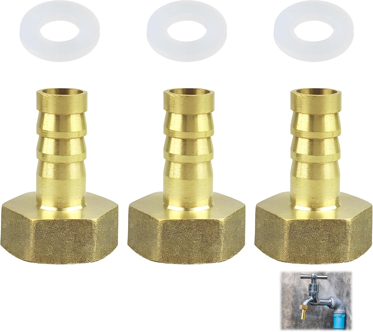 SnelShoppen - 3 Stuks Slangconnector Messing G1/2 Vrouwelijk Draad met 10mm Bar Adapter en 3 Transparante Siliconen Seals voor Water, Lucht, Olie, Gas