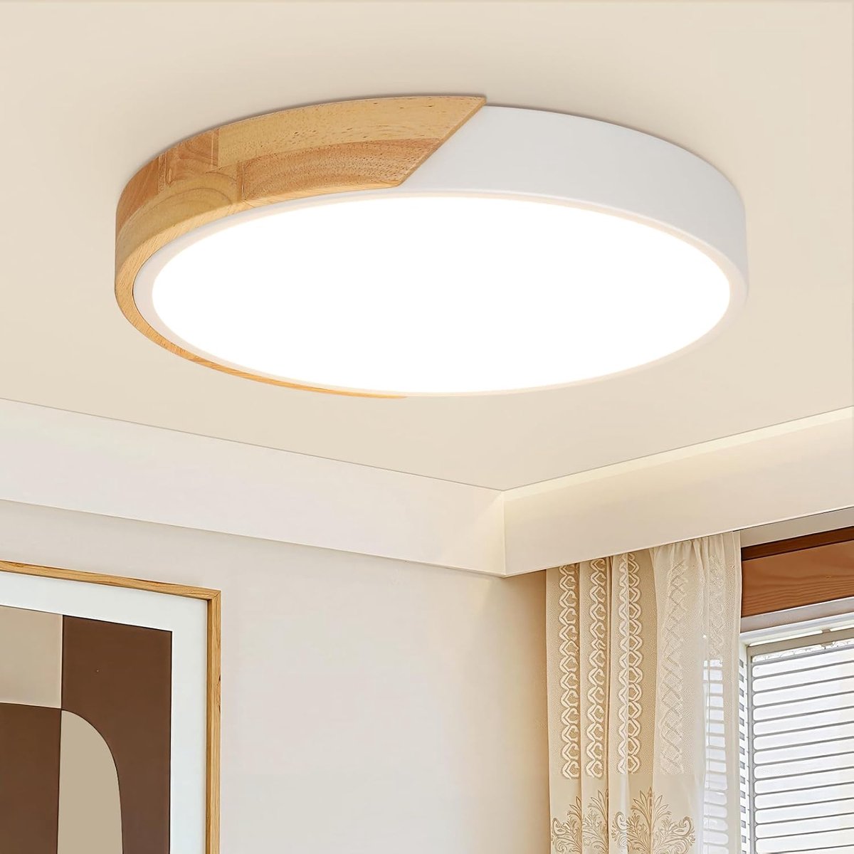 SnelShoppen - Witte Houten Plafondlamp 4500K - Moderne Verlichting voor Woonkamer, Keuken, Slaapkamer - Stijlvol Design - Energiezuinig en Duurzaam -