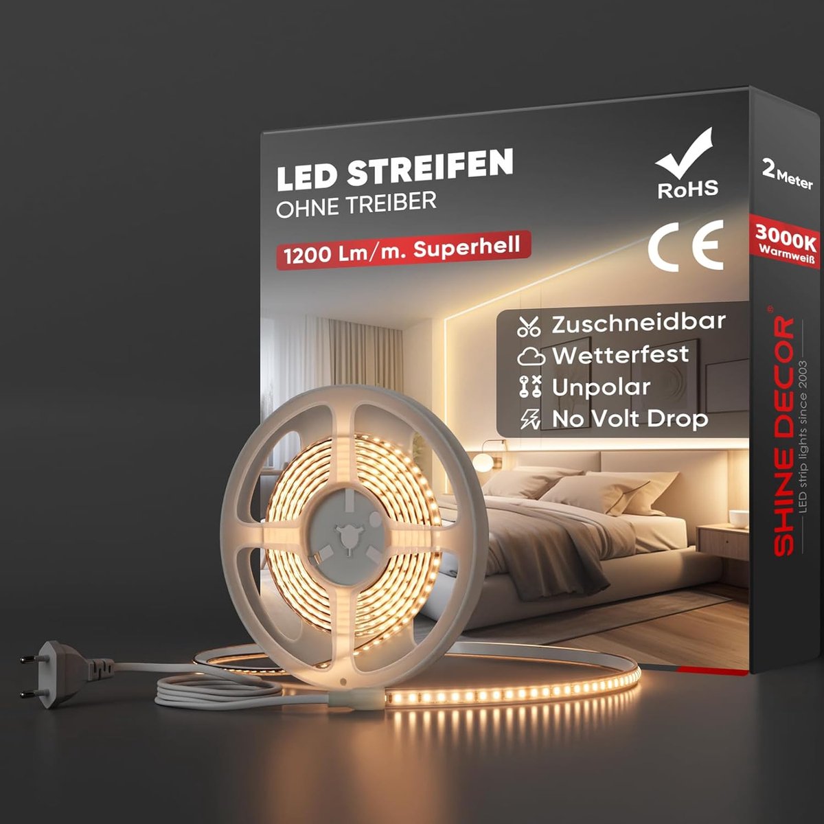 SnelShoppen - LED Strip 2 m Warm Wit IP65 Waterdicht SMD 2835 120 LEDs/m Hoge Helderheid Lichtstrip voor Keuken Tuin en Decoratie