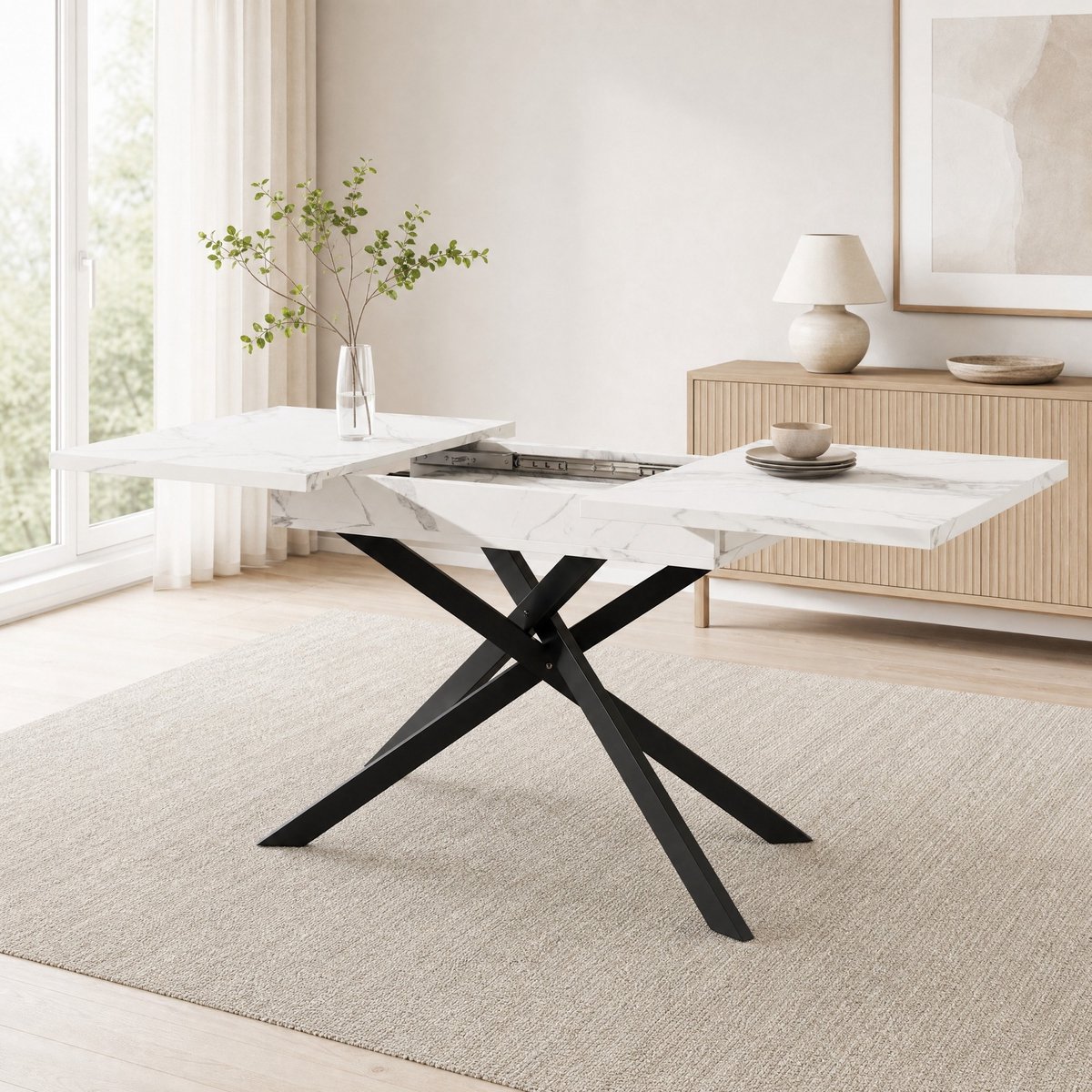 COVREO Eettafel 120-160 x 80 x 76,5 cm - wit marmerlook, zwart metalen X-onderstel, uitsch