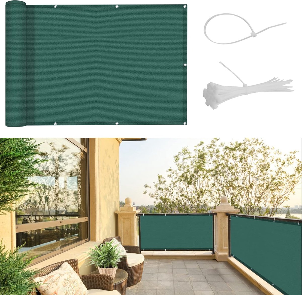SnelShoppen - Balkon Privacy Scherm 100x300 cm - Tuin Privacy Scherm - Weersbestendig HDPE - UV Bescherming - Windscherm met Kabelbinders - Groen